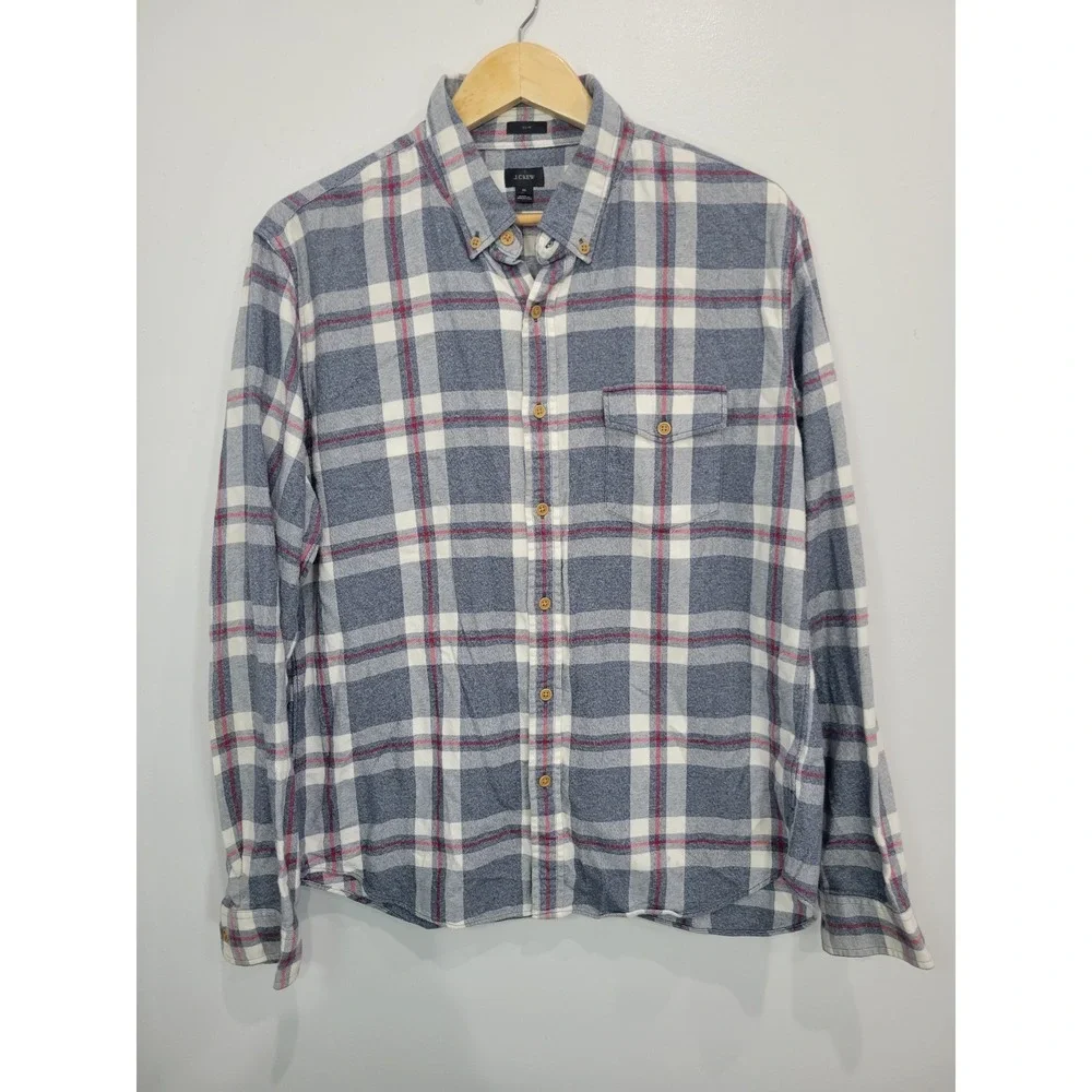 J. Crew Slim Fit Plaid Flannel Button Down Shirt Men's XL Blue‎ Cotton